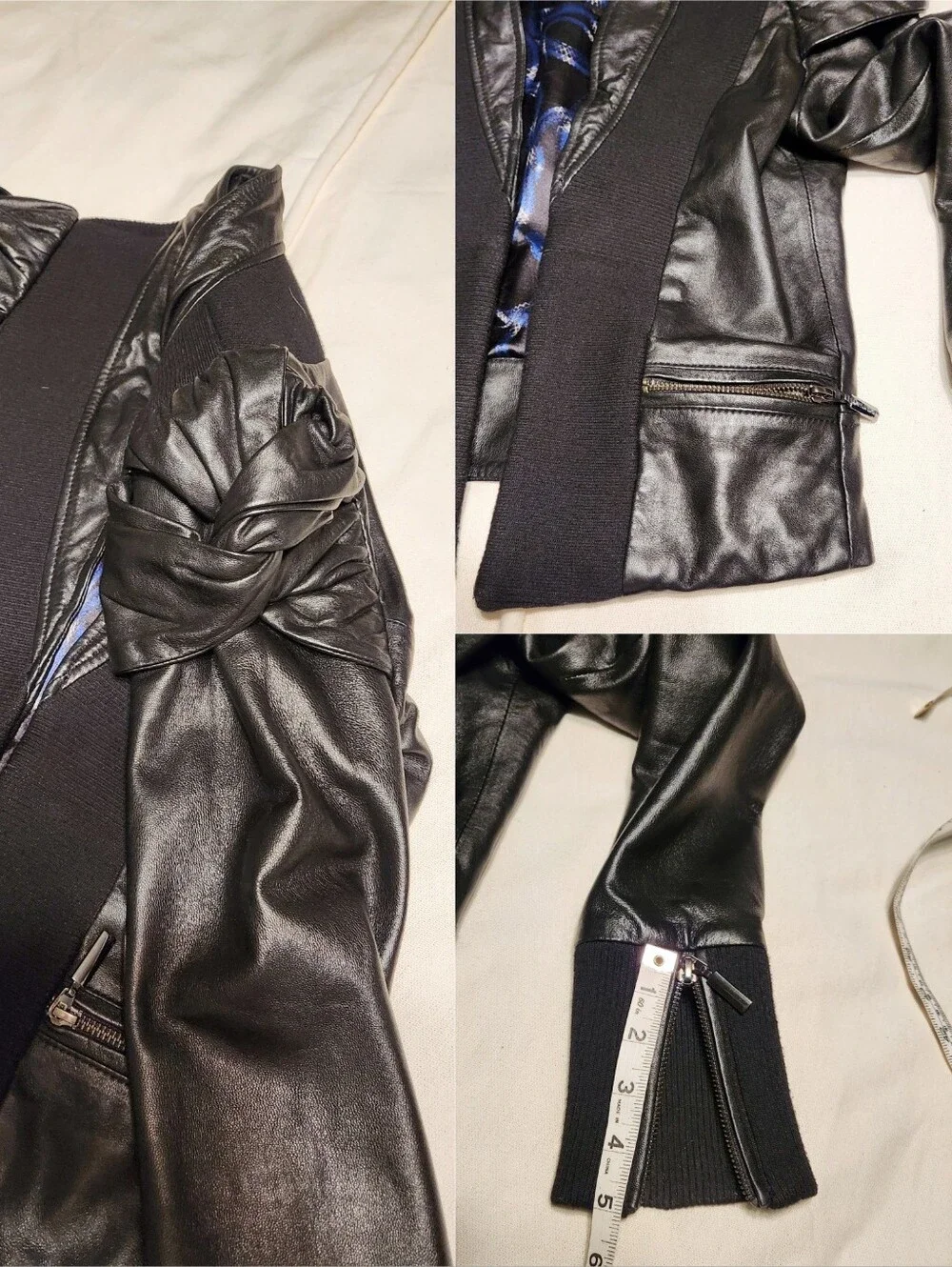 Afflication Leather Ribbed Knit Open Front Twist Puff Sleeve Moto Jacket Black M - Picture 7 of 10